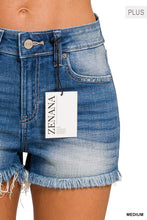 Load image into Gallery viewer, Plus Mid Rise Raw Frayed Hem Denim Shorts
