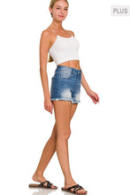 Load image into Gallery viewer, Plus Mid Rise Raw Frayed Hem Denim Shorts
