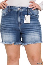 Load image into Gallery viewer, Plus Mid Rise Raw Frayed Hem Denim Shorts
