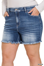 Load image into Gallery viewer, Plus Mid Rise Raw Frayed Hem Denim Shorts
